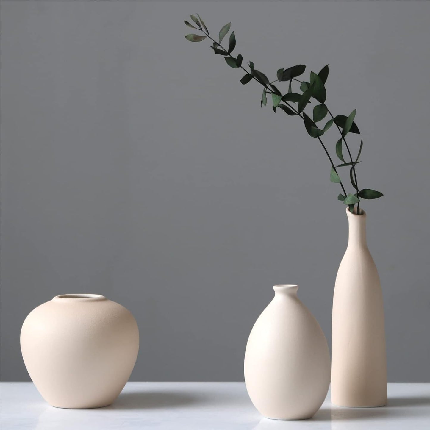 Ceramic Vase Set of 3, Minimalist Flower Vase for Rustic, Modern Farmhouse, Living Room, Shelf, Table, Bookshelf, Mantel and Entryway Decor - Beige