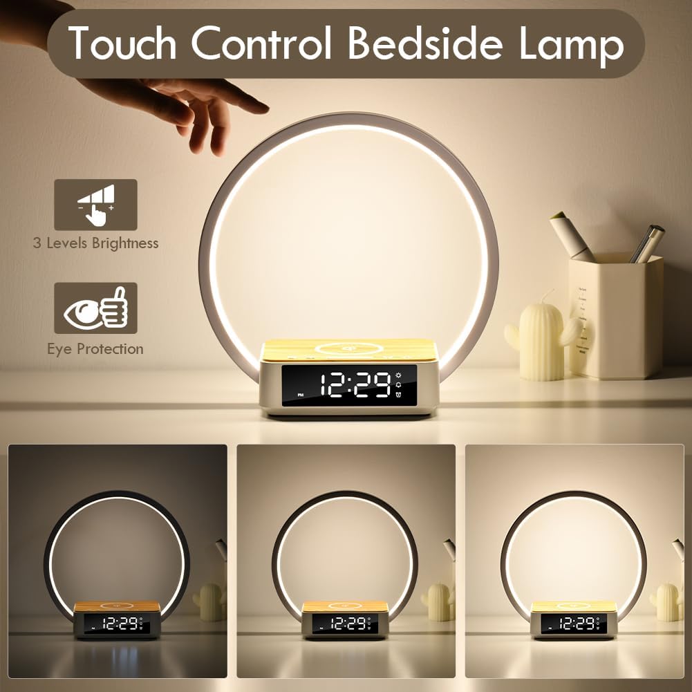 Bedside Lamp,Night Light for Bedroom with Alarm Clock,Touch Lamp with Wireless Charger,Wake-Up Light,3-Grade Dimmable Nightstand Light,Birthday Gifts for Her,Gifts for Mom,Daughter,Girlfriend