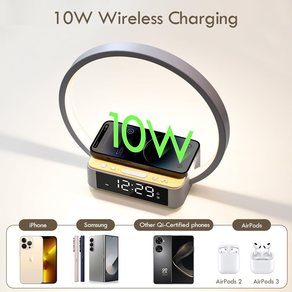 Bedside Lamp,Night Light for Bedroom with Alarm Clock,Touch Lamp with Wireless Charger,Wake-Up Light,3-Grade Dimmable Nightstand Light,Birthday Gifts for Her,Gifts for Mom,Daughter,Girlfriend