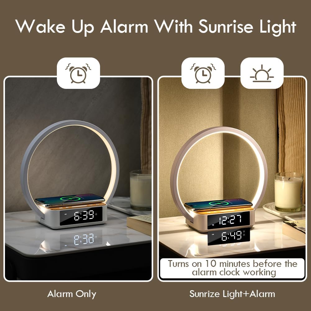 Bedside Lamp,Night Light for Bedroom with Alarm Clock,Touch Lamp with Wireless Charger,Wake-Up Light,3-Grade Dimmable Nightstand Light,Birthday Gifts for Her,Gifts for Mom,Daughter,Girlfriend