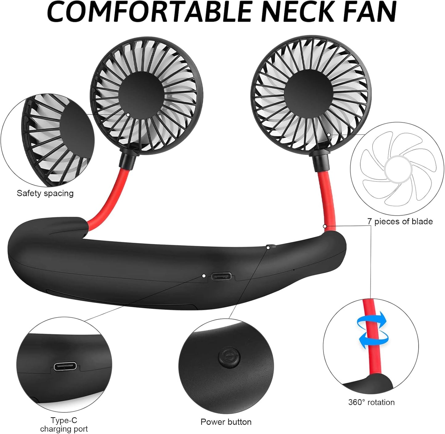 Portable Neck Fan 2500 Mah Rechargeable USB Hands-Free Mini Face Cooling Personal Double Headed Rotatable Small Fan for Working Office Reading Traveling Outdoor Sport