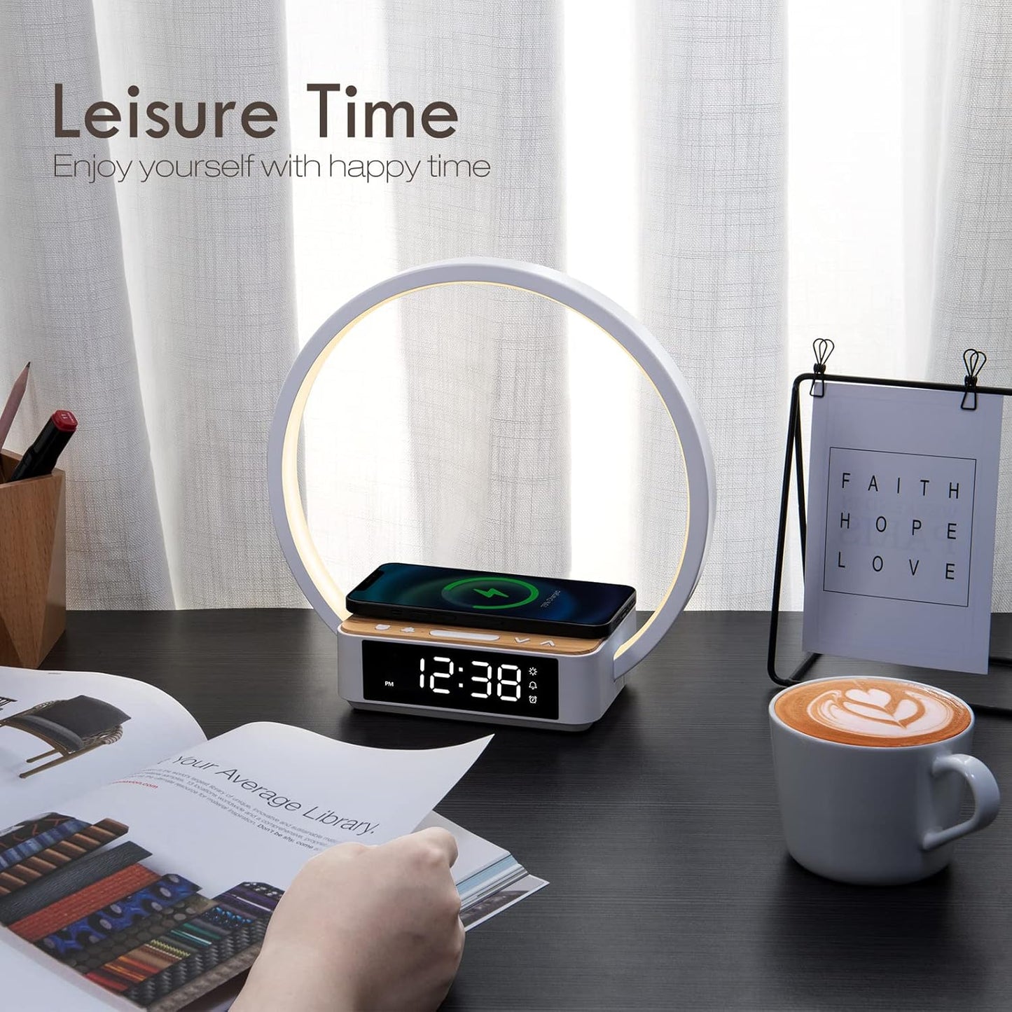 Bedside Lamp,Night Light for Bedroom with Alarm Clock,Touch Lamp with Wireless Charger,Wake-Up Light,3-Grade Dimmable Nightstand Light,Birthday Gifts for Her,Gifts for Mom,Daughter,Girlfriend