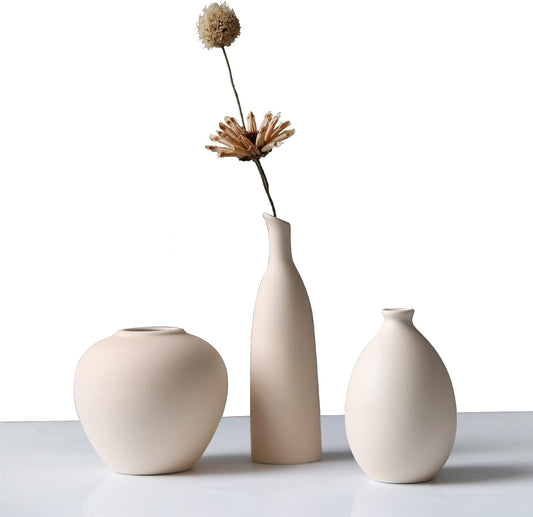 Ceramic Vase Set of 3, Minimalist Flower Vase for Rustic, Modern Farmhouse, Living Room, Shelf, Table, Bookshelf, Mantel and Entryway Decor - Beige
