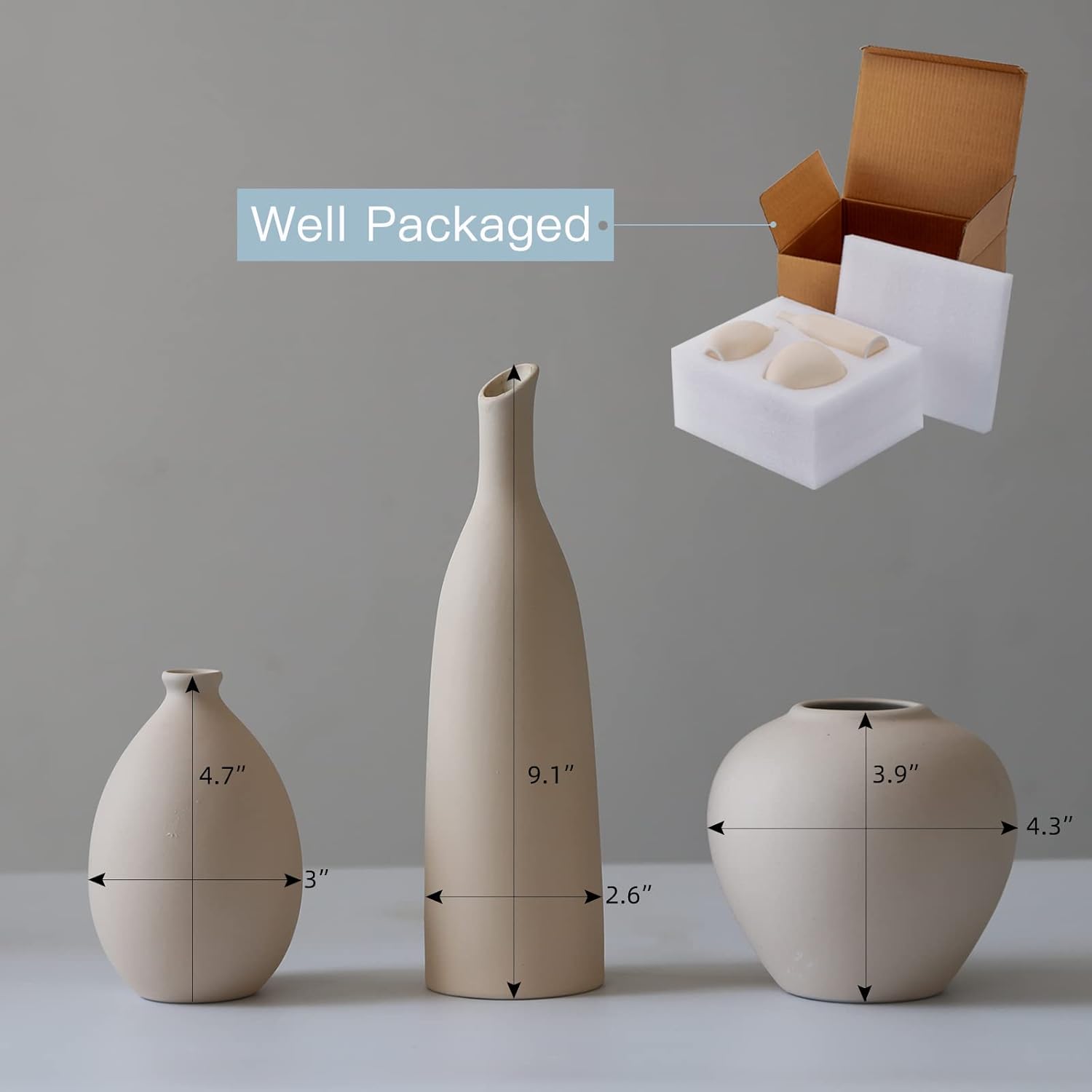 Ceramic Vase Set of 3, Minimalist Flower Vase for Rustic, Modern Farmhouse, Living Room, Shelf, Table, Bookshelf, Mantel and Entryway Decor - Beige