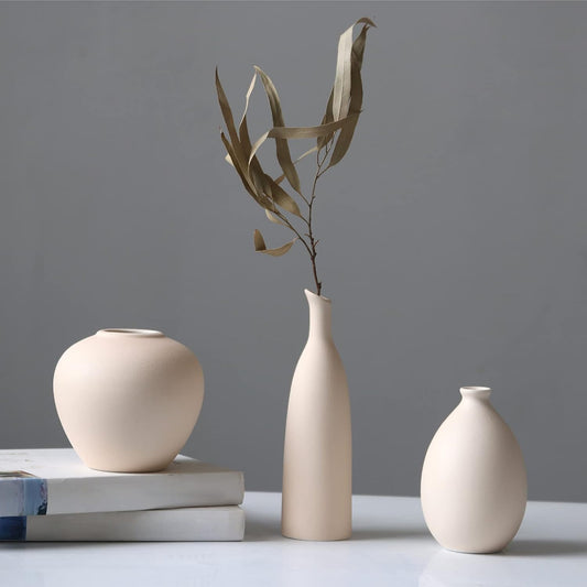 Ceramic Vase Set of 3, Minimalist Flower Vase for Rustic, Modern Farmhouse, Living Room, Shelf, Table, Bookshelf, Mantel and Entryway Decor - Beige