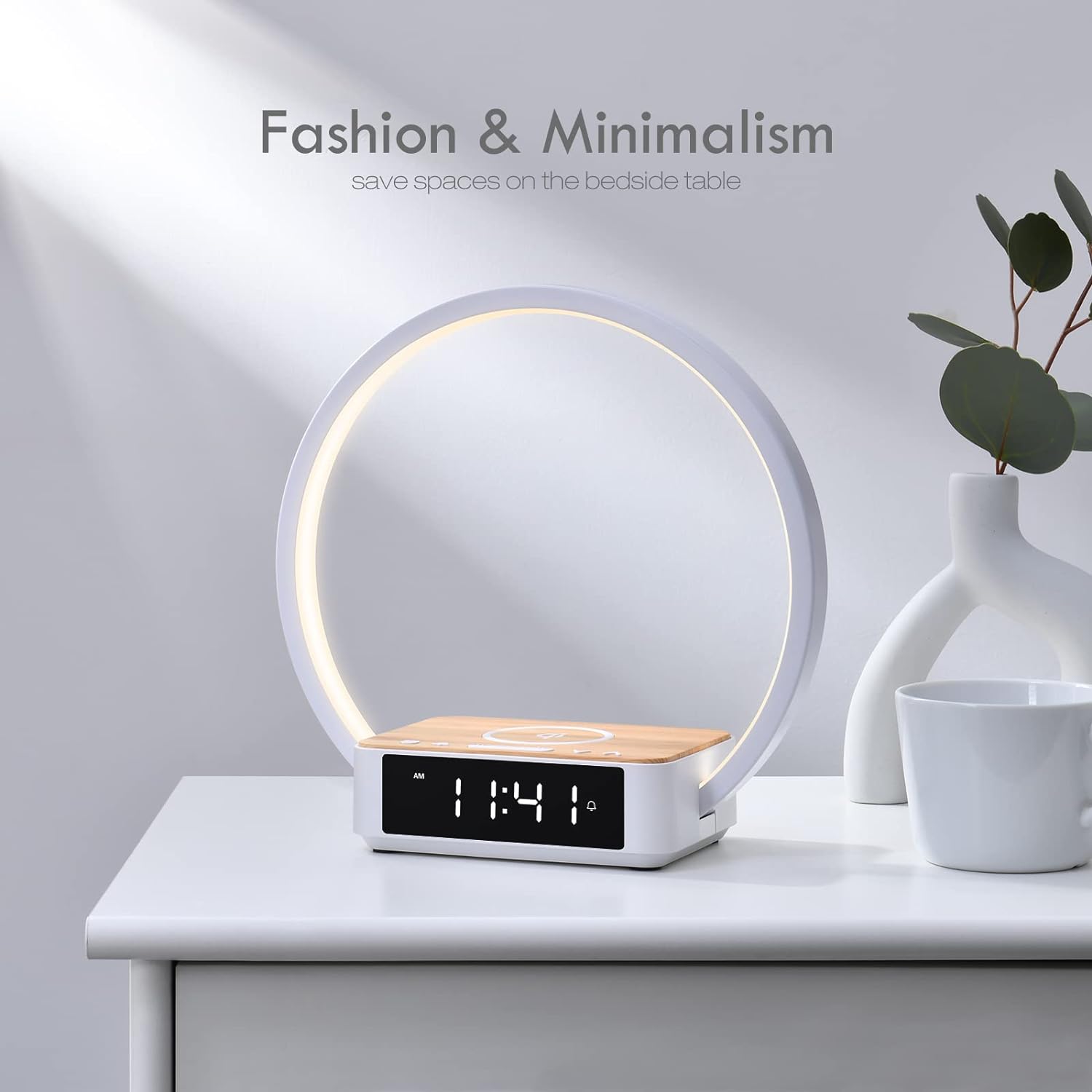 Bedside Lamp,Night Light for Bedroom with Alarm Clock,Touch Lamp with Wireless Charger,Wake-Up Light,3-Grade Dimmable Nightstand Light,Birthday Gifts for Her,Gifts for Mom,Daughter,Girlfriend