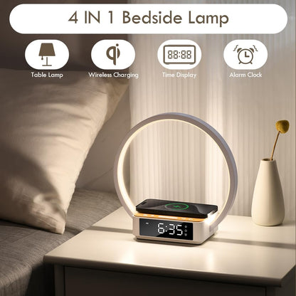 Bedside Lamp,Night Light for Bedroom with Alarm Clock,Touch Lamp with Wireless Charger,Wake-Up Light,3-Grade Dimmable Nightstand Light,Birthday Gifts for Her,Gifts for Mom,Daughter,Girlfriend