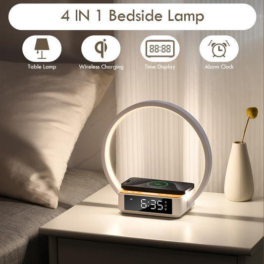 Bedside Lamp,Night Light for Bedroom with Alarm Clock,Touch Lamp with Wireless Charger,Wake-Up Light,3-Grade Dimmable Nightstand Light,Birthday Gifts for Her,Gifts for Mom,Daughter,Girlfriend