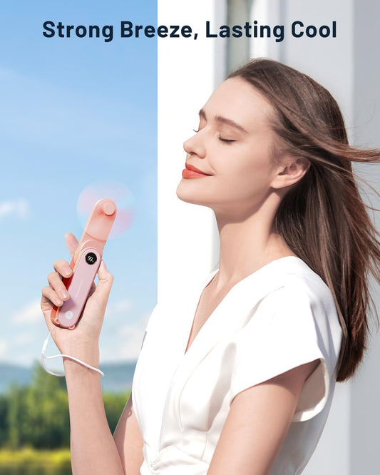 Portable Handheld Mini Fan with LED Display, 2-In-1 Personal Foldable USB Rechargeable Hand Held Fan & Flashlight for Travel, Lash Eyelash, Cute Small Pocket for Women, Girls
