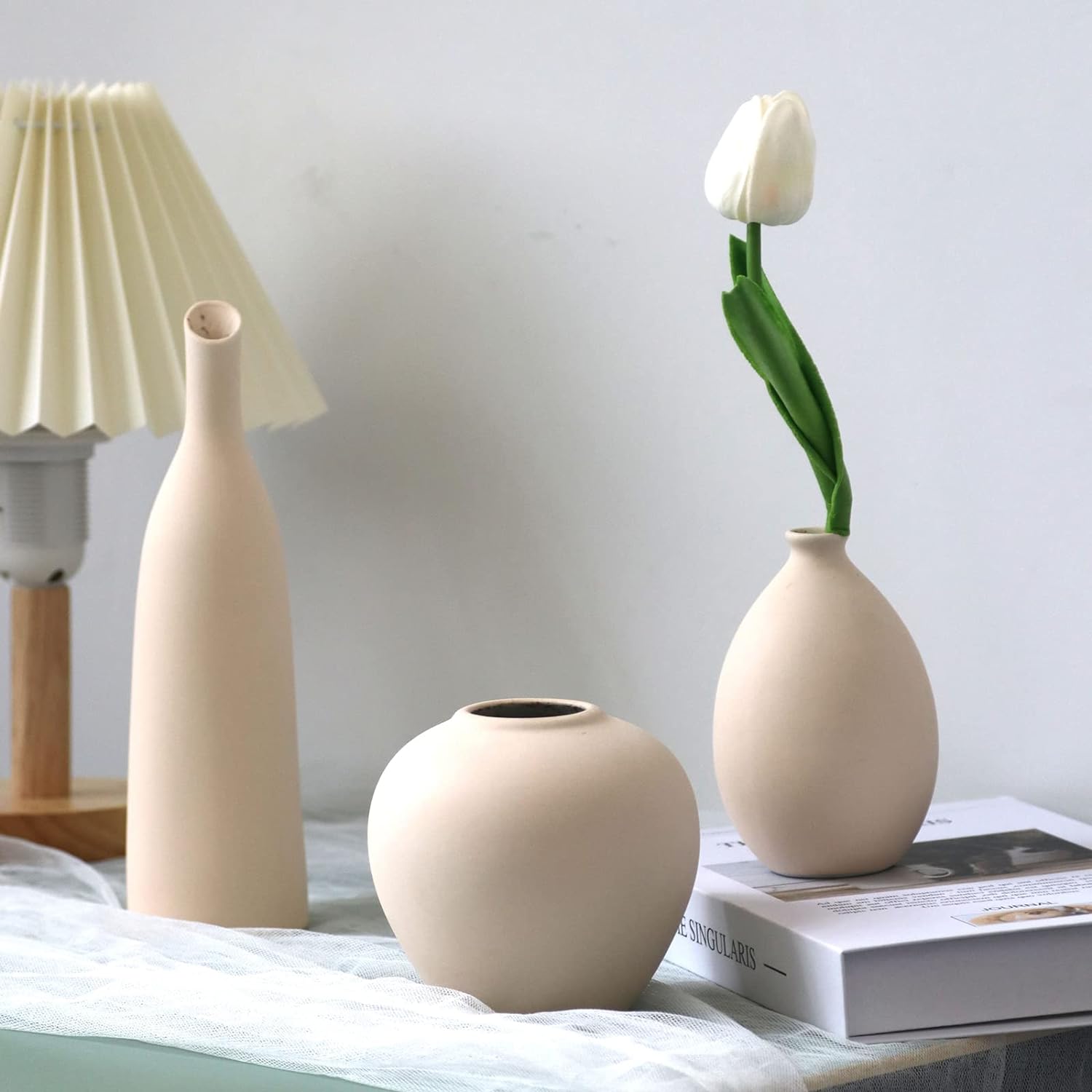 Ceramic Vase Set of 3, Minimalist Flower Vase for Rustic, Modern Farmhouse, Living Room, Shelf, Table, Bookshelf, Mantel and Entryway Decor - Beige