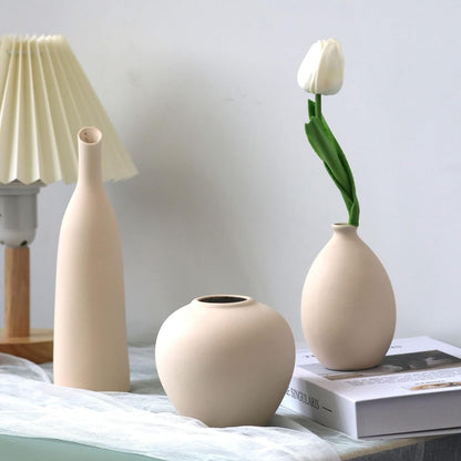 Ceramic Vase Set of 3, Minimalist Flower Vase for Rustic, Modern Farmhouse, Living Room, Shelf, Table, Bookshelf, Mantel and Entryway Decor - Beige