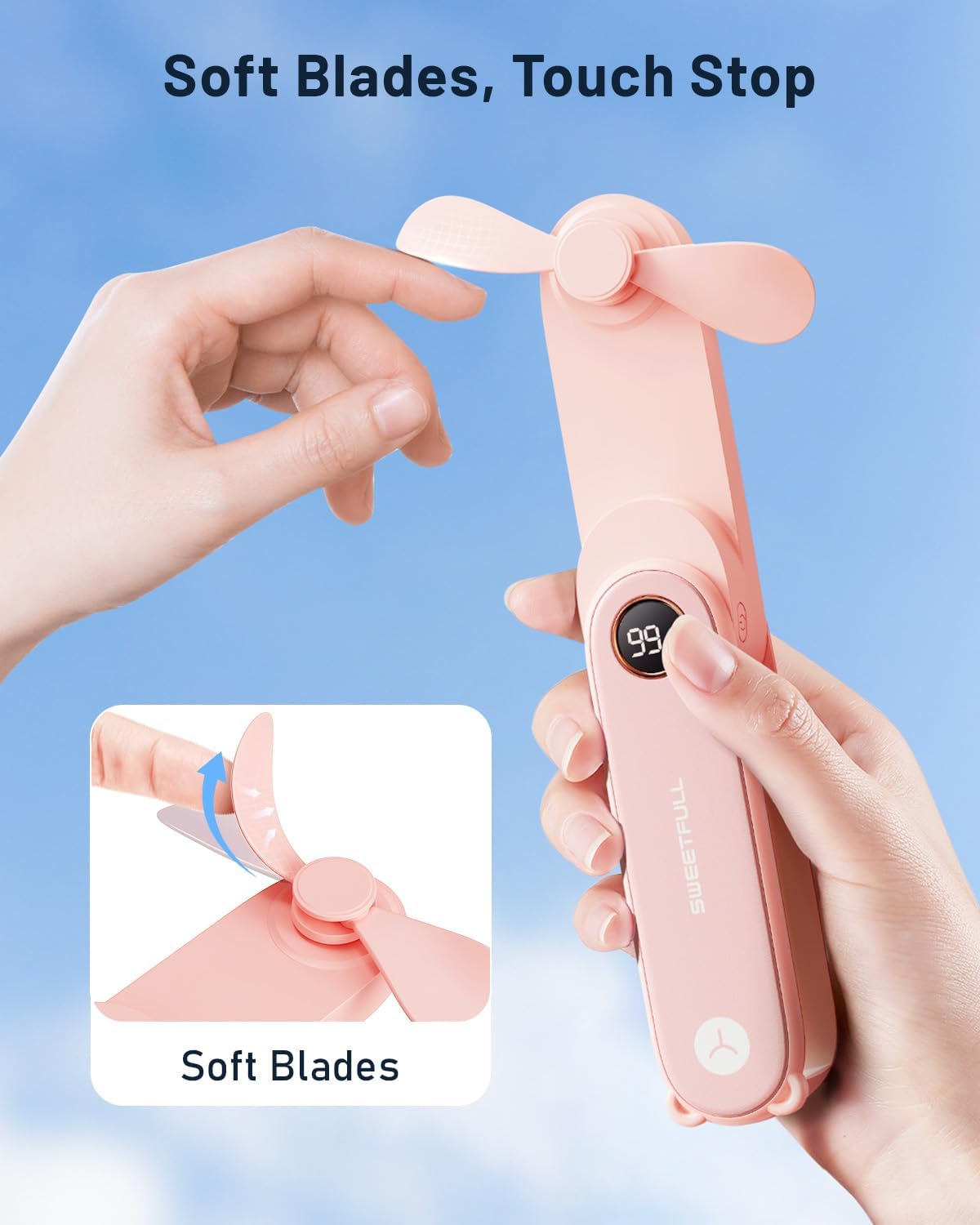 Portable Handheld Mini Fan with LED Display, 2-In-1 Personal Foldable USB Rechargeable Hand Held Fan & Flashlight for Travel, Lash Eyelash, Cute Small Pocket for Women, Girls