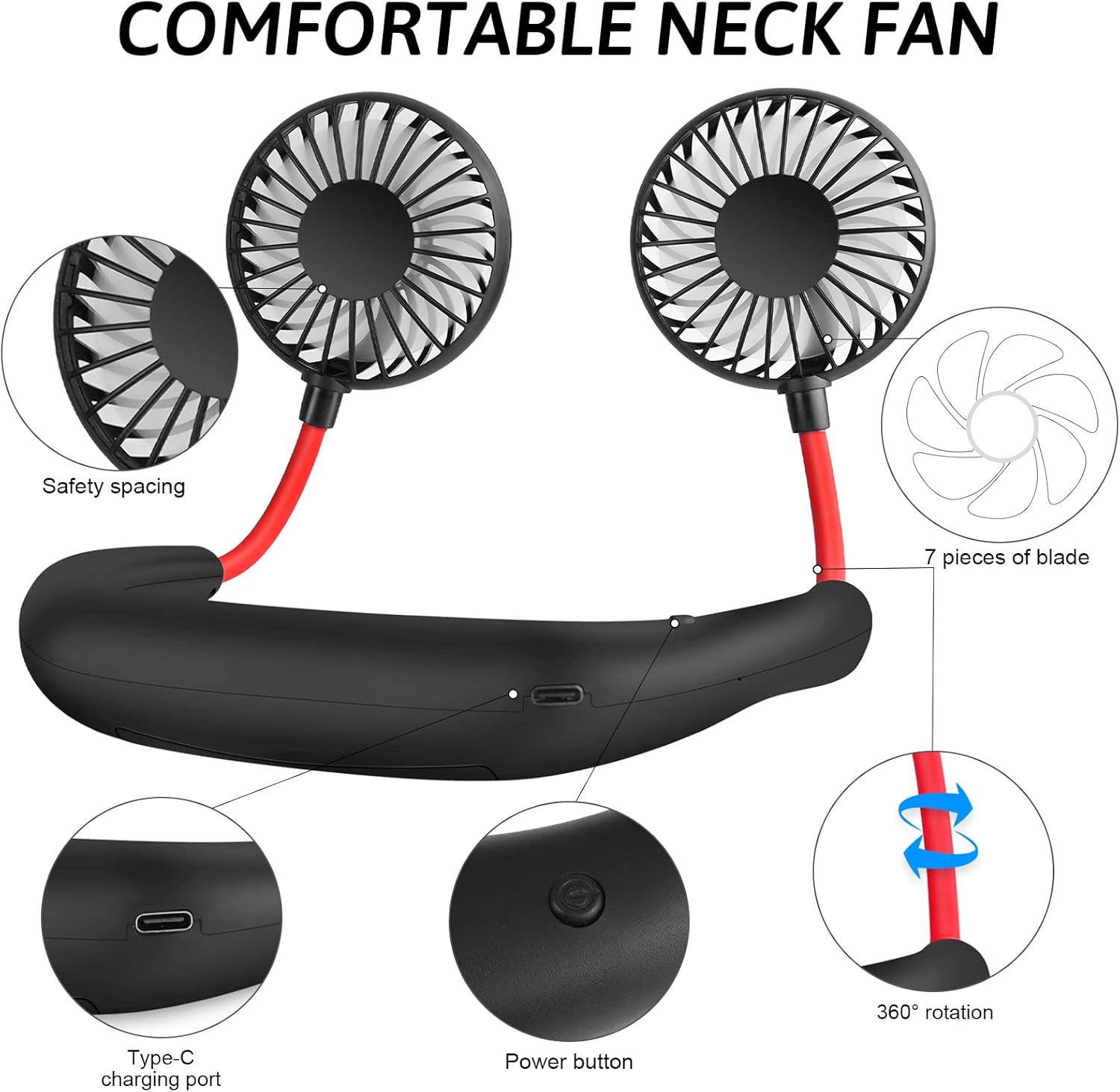 Portable Neck Fan 2500 Mah Rechargeable USB Hands-Free Mini Face Cooling Personal Double Headed Rotatable Small Fan for Working Office Reading Traveling Outdoor Sport