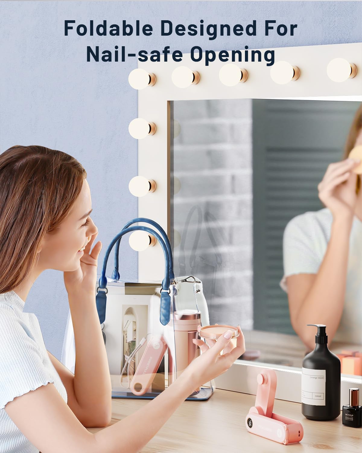Portable Handheld Mini Fan with LED Display, 2-In-1 Personal Foldable USB Rechargeable Hand Held Fan & Flashlight for Travel, Lash Eyelash, Cute Small Pocket for Women, Girls