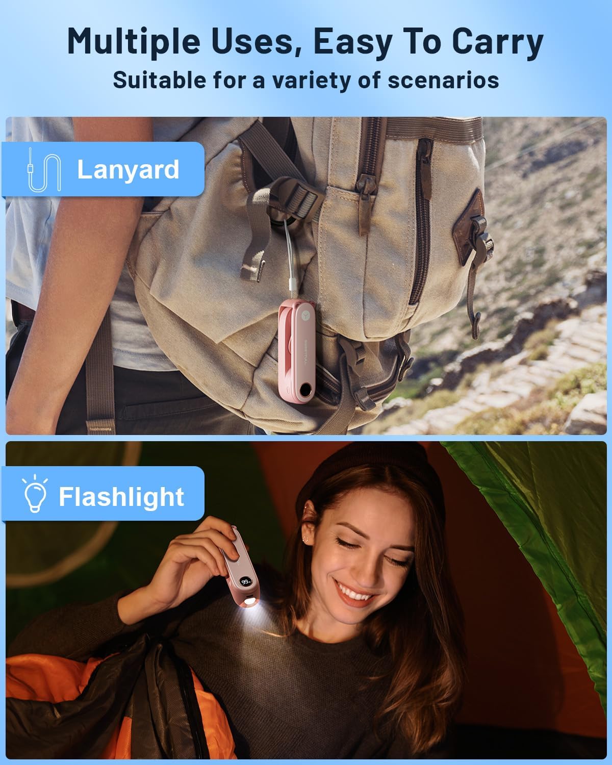 Portable Handheld Mini Fan with LED Display, 2-In-1 Personal Foldable USB Rechargeable Hand Held Fan & Flashlight for Travel, Lash Eyelash, Cute Small Pocket for Women, Girls