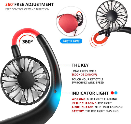 Portable Neck Fan 2500 Mah Rechargeable USB Hands-Free Mini Face Cooling Personal Double Headed Rotatable Small Fan for Working Office Reading Traveling Outdoor Sport